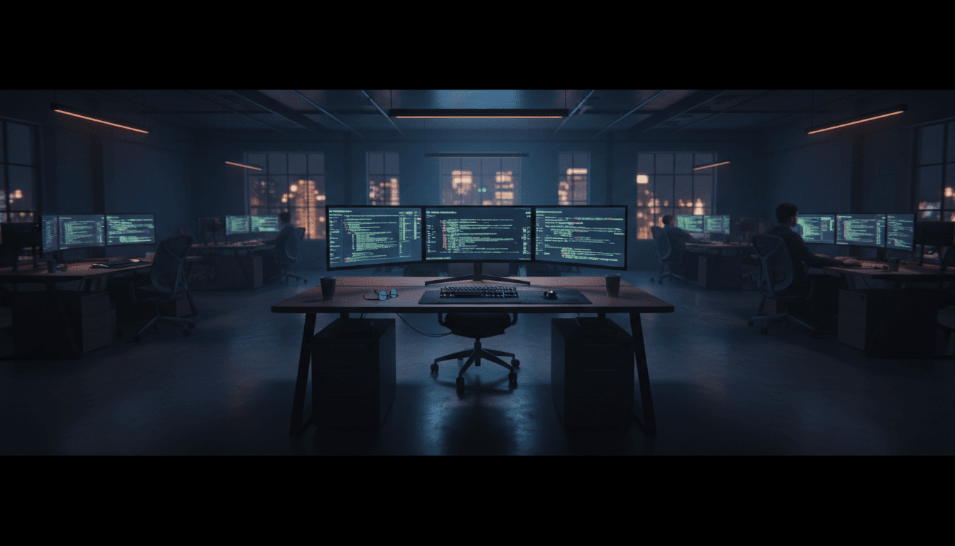 Developer's desk with multiple monitors showing code in a dark office