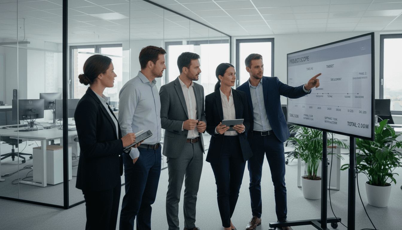 Two software professionals in a German office reviewing a fixed-price project scope document with timeline and budget details