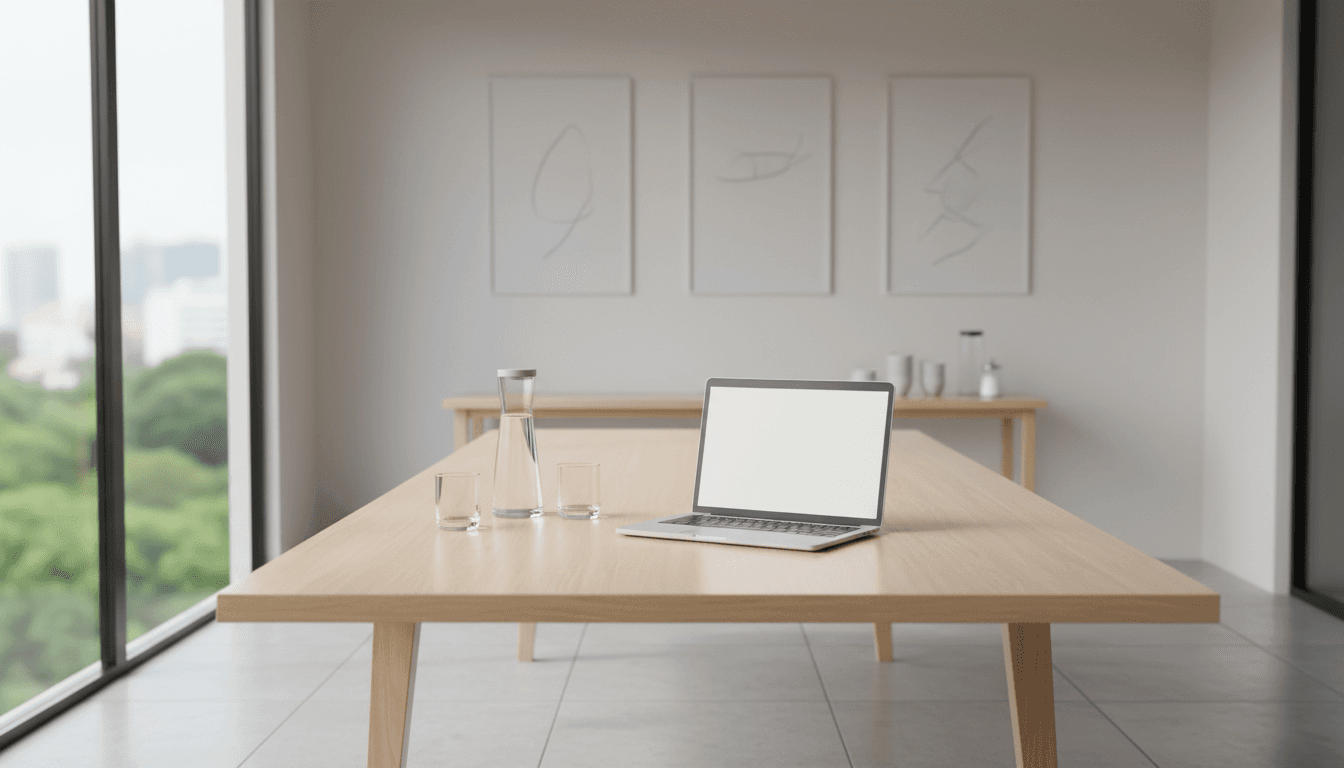 Modern meeting room with laptop and coffee, soft natural light
