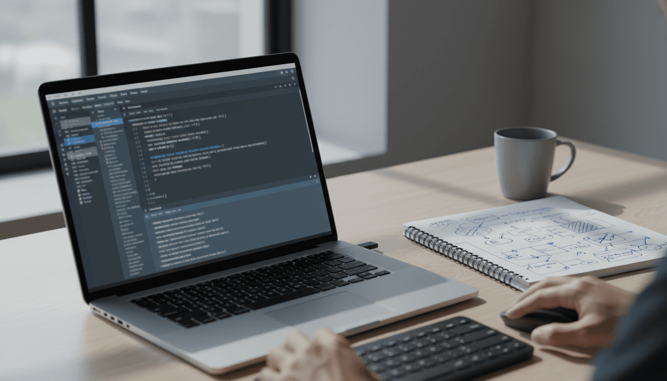 Developer's workspace with laptop showing code, notebook, and coffee, representing custom software development