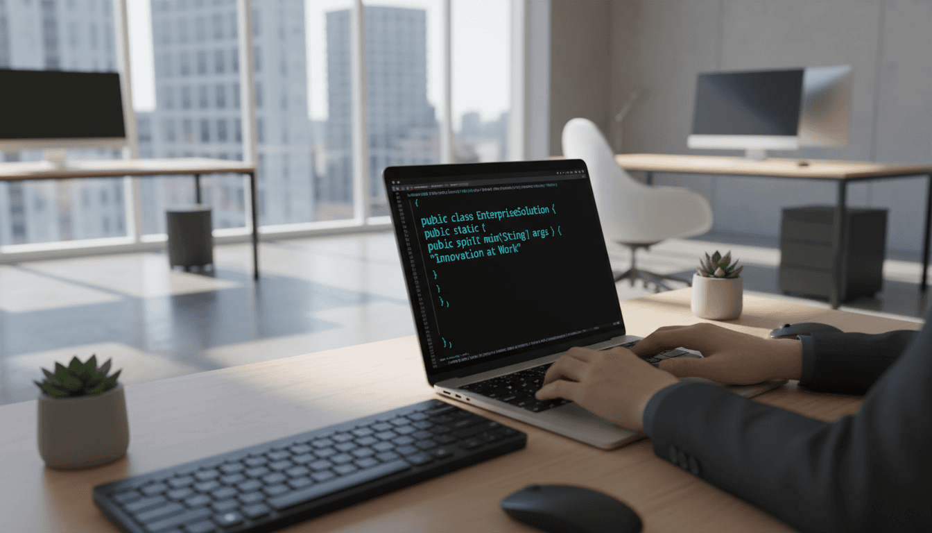 Developer's hands typing code on a laptop in a modern, well-lit office