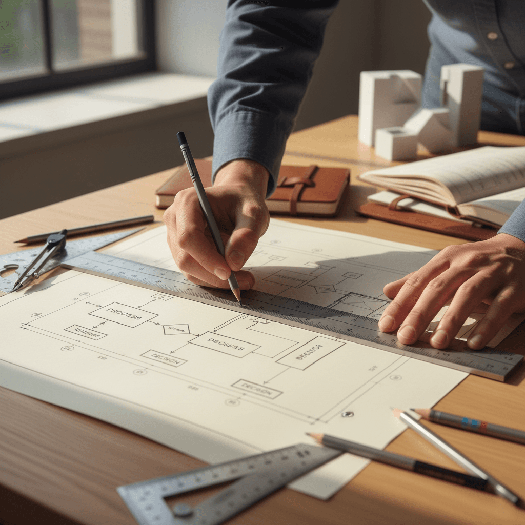 Hands sketching a software workflow diagram on paper with a laptop nearby
