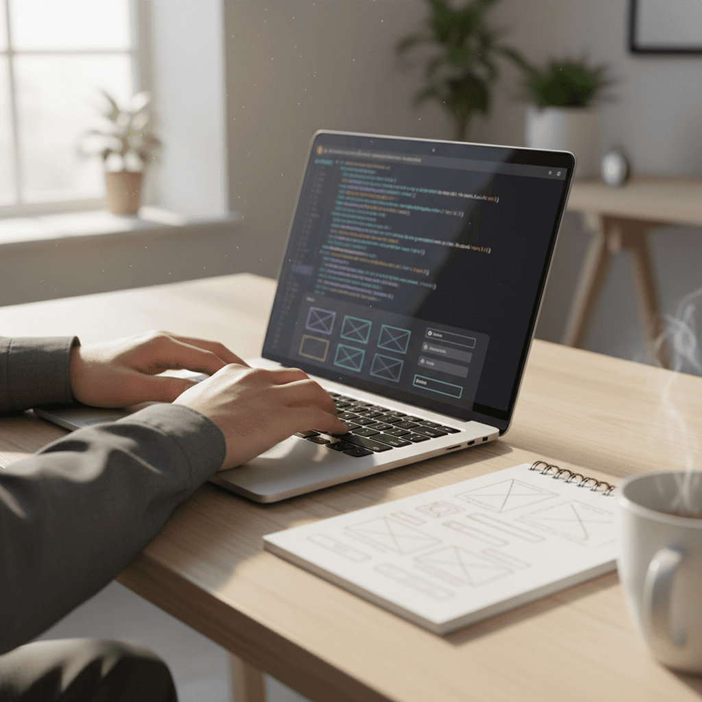 Modern workspace with laptop displaying code editor in a quiet office