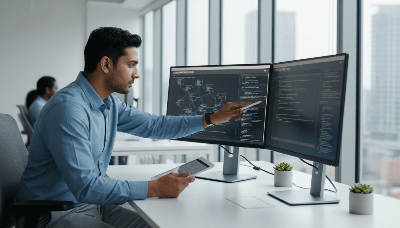 Consultant reviewing a software architecture diagram on a laptop