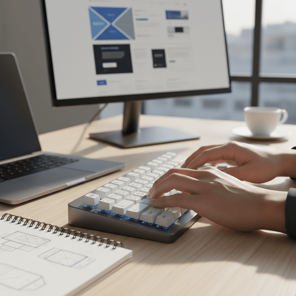 Developer's desk with a printed spec document and laptop showing a wireframe mockup